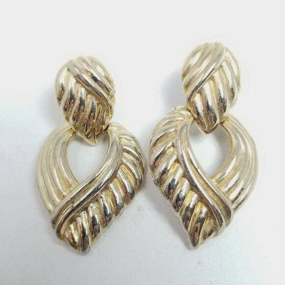 Vintage Gold Tone Door Knocker Dangle Stud Earrings Retro 80s 90s Style, Estate - Picture 1 of 6